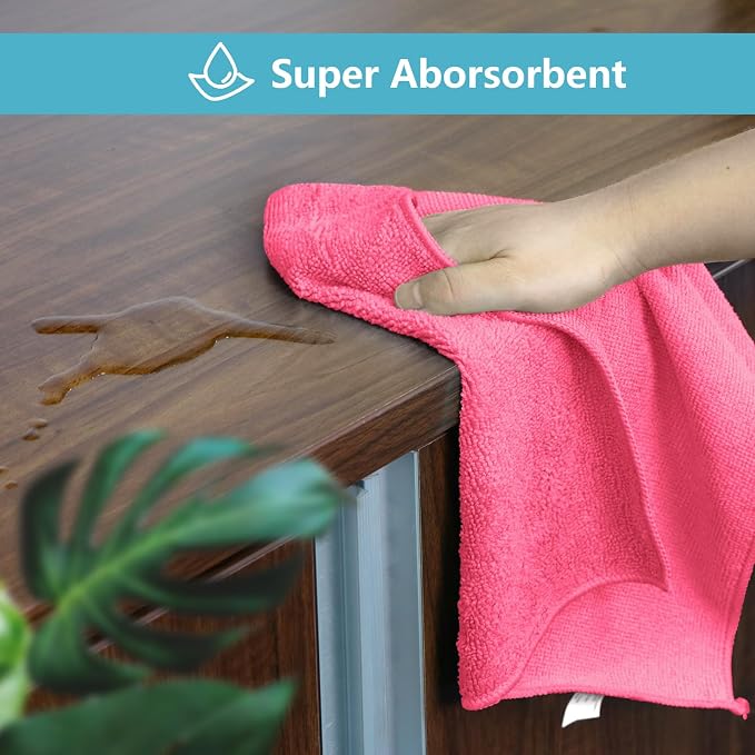 HOMEXCEL 8PK Microfiber Cleaning Cloth, Cleaning Rags for Home, 11.5x11.5in | Reusable, Lint Free, Scratch-Free and Highly Absorbent Towels for Kitchen, Window and Glass, Cars, Pink