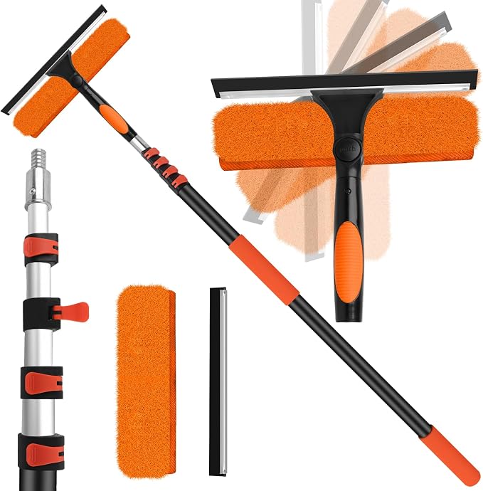 26FT High Window Cleaning Kit with Pole,2 in1 Professional Window Squeegee | 5-20FT Window Clean Pole Kit(2 Squeegee & 2 Microfibre Cloths),180°Rotatable Squeegee for Indoor/Outdoor High Windows