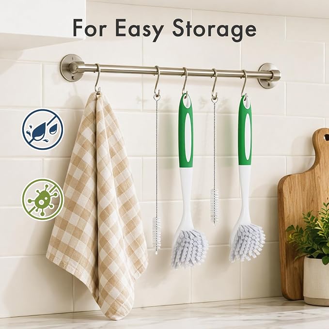 Amazer Dish Brush with Handle, 2 Pack Kitchen Scrub Brushes with Built-in Scraper for Cleaning, Dish Scrubber with Stiff Bristles for Sink, Pots, Pans (Green+Green)