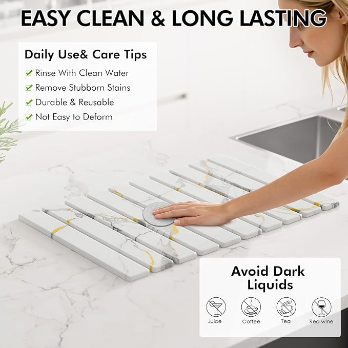 4 Pcs Stone Dish Drying Mat Set, 24''x16'' Fodable Large Diatomaceous Earth Drying Mat, Faucet Mat and 2 Coasters for Kitchen Counter, Super Absorbent Quick Dry Mats for Dishes Bottles Cups