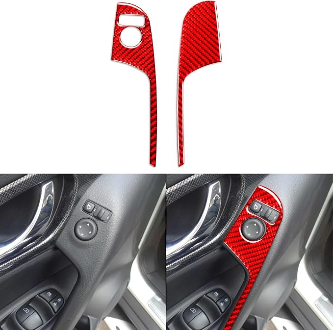 Red Real Carbon Fiber Trim for Nissan Rogue Accessories | for 2014-2020 / Rogue Sport 2017-2022 Side Mirror Control Sticker Interior Thick Overlay Decal