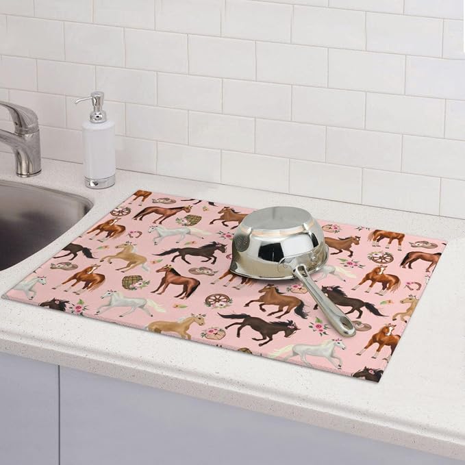 Horse Dish Drying Mat for Kitchen Counter Cute Kitchen Mat Microfiber Kitchen Countertop Absorbent Reversible Drainer Rack Pad Dish Drying Mat 18 x 24 Inch