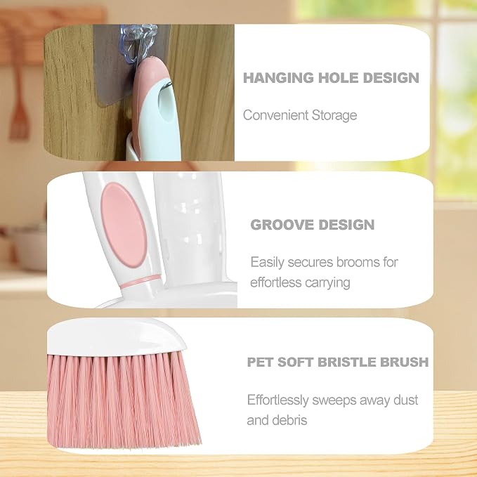 Mini Broom and Dustpan Set Small Broom with Dustpan Combo Set Portable Cleaning Tools for Home Office RV Learning Camping (White+Grey)