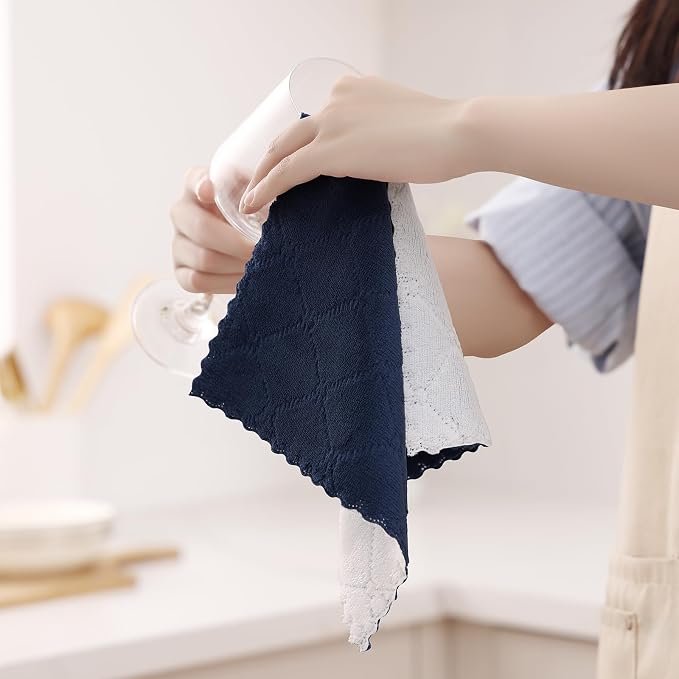 Homaxy 12 Pack Kitchen Cloths Dish Towels (10" x 10", Navy Blue & White), Super Soft and Absorbent Dish Cloths, Coral Velvet Microfiber Cleaning Cloth, Nonstick Oil Fast Dry Dishcloths