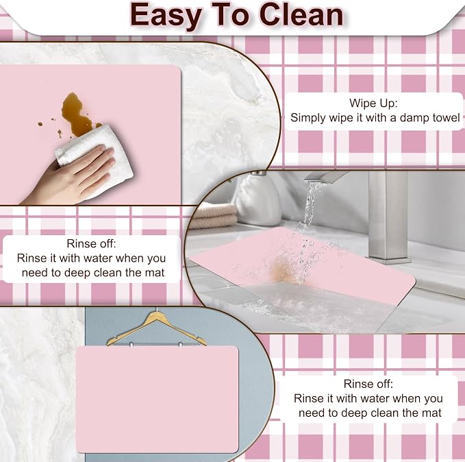 Dish Drying Mat for Kitchen, 16'' x 24'' Coffee Bar Mat for Countertops, Coffee Station Pad Mats with Non-slip Rubber Backed, Absorbent Dish Dying Mat for Kitchen Counter, Pink