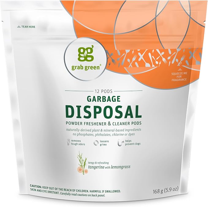 Grab Green Garbage Disposal Cleaner, 12 Pods, Tangerine Lemongrass | Freshens garbage disposals; Plant & Mineral-Based; Removes Odors; Loosens Grime; Helps prevent clogs