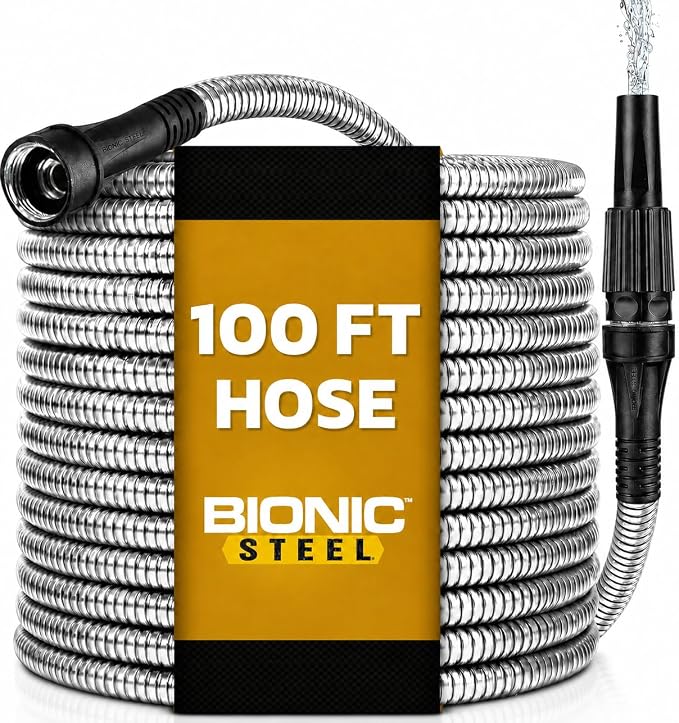 BIONIC STEEL 100 Ft Metal Garden Hose with Sprayer Nozzle | Non Kinking Design, Stainless Steel Heavy Duty Water Hose 100 Ft x 5/8 in. Flexible & NON Expandable for Water Flow, 500 PSI