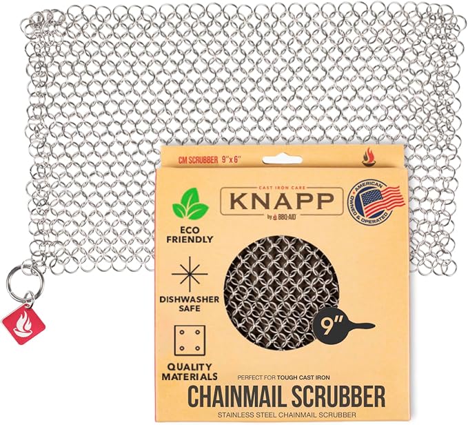 Knapp Made CM Scrubber 9" x 6" Small Ring Chainmail Cast Iron Scrubber, Premium Stainless Steel Mesh Cleaner for Pre-Seasoned Pans, Dutch Ovens, Grills and Skillets