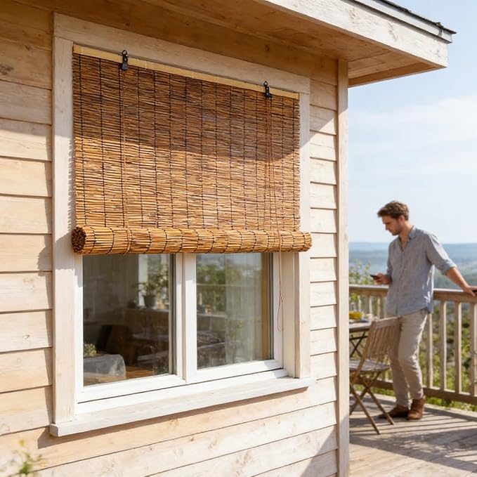 Waterproof Bamboo Roller Shades Sun Shade, Custom Size Bamboo Roll Up Window Shades for Porch, Patio & Interior Windows, Outdoor Privacy Screen Hand-Woven Roman Blinds(38" W x 72" H)