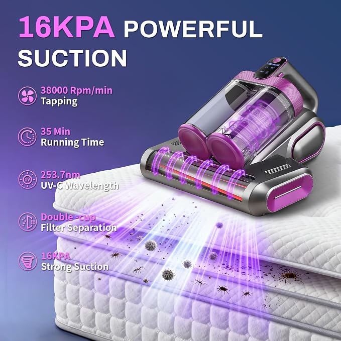 Cordless Mattress Vacuum Cleaner, 16Kpa Bed Vacuum with 253.7nm UV-C Light & Ultrasonic Tech, HEPA Filter, Portable Handheld Vacuum for Bed Sofa Couch Crib & Pet Hair (Purple)