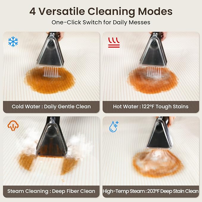 Portable Steam Carpet Cleaner, 203°F High Temp Steam & 18,000Pa Suction, Deep Stain & Odor Removal, Spot Cleaner for Pets, Kids, Home Upholstery, Stairs & Car Detailing
