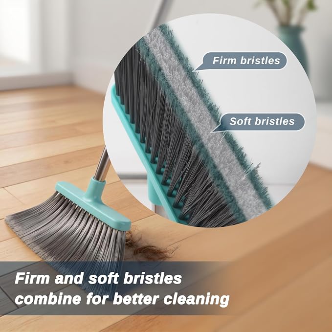 Broom with Dustpan Combo Set,Pet Hair Rubber Broom with Carpet Rake and Squeegee,Long Handle Broom with Upright Standing Dustpan for Indoor Cleaning (Black)