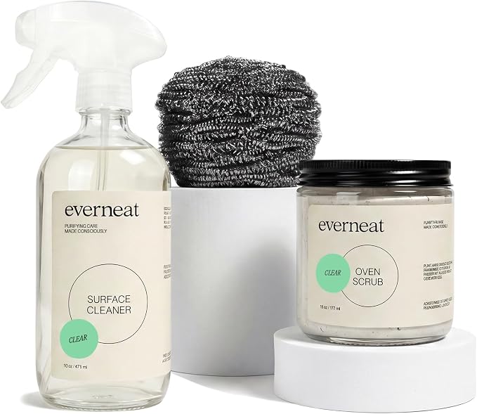 Everneat Oven Cleaning Kit: Natural Oven Cleaner and Kitchen Cleaner | Heavy Duty | Grill, Stovetop, Rack | Fume-free | Non-toxic | Safe to Clean All Ovens (Unscented) | Refillable Glass Jar & Bottle