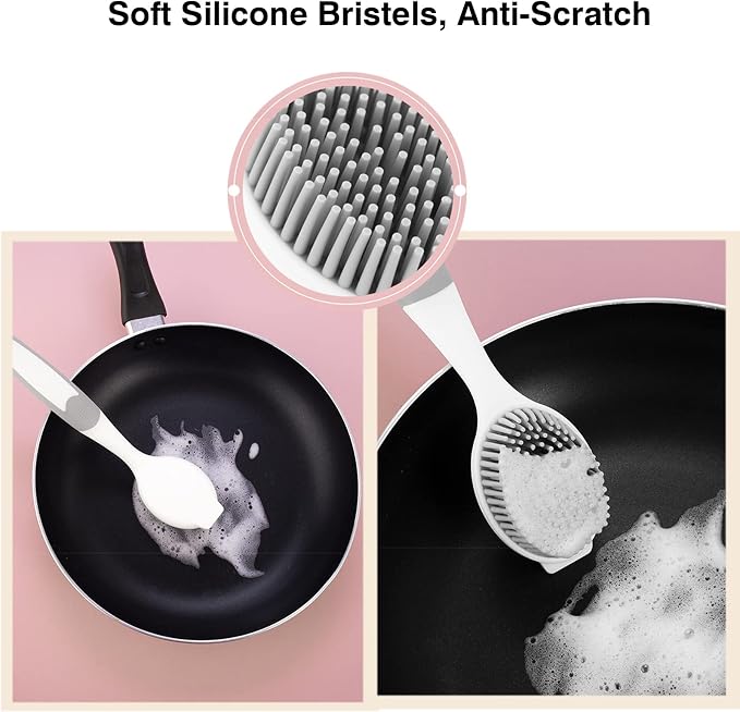Dish Scrubber, Silicone Soft Bristles Scrub Brush with Scraper Tip, Comfortable Grip Brushes for Kitchen Sink, Pans, Pots, Skillet, Vegetable, Fruit, Potato Cleaning (White/Grey)