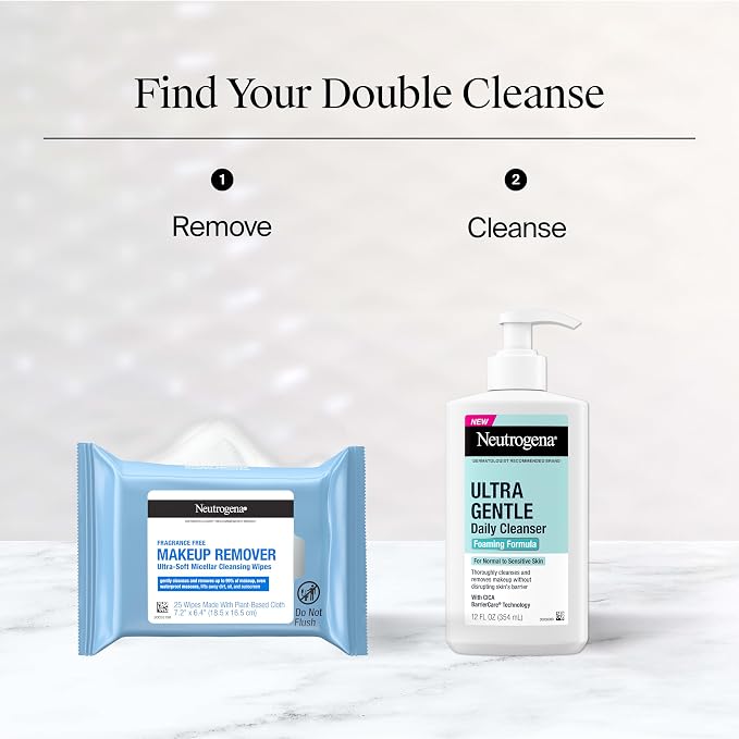 Neutrogena Makeup Remover Micellar Wipes for Face Daily Gently Removes Oil Dirt and Waterproof Makeup in a Simple Fully Plant-Based Cloth, 25 Count (Pack of 24)