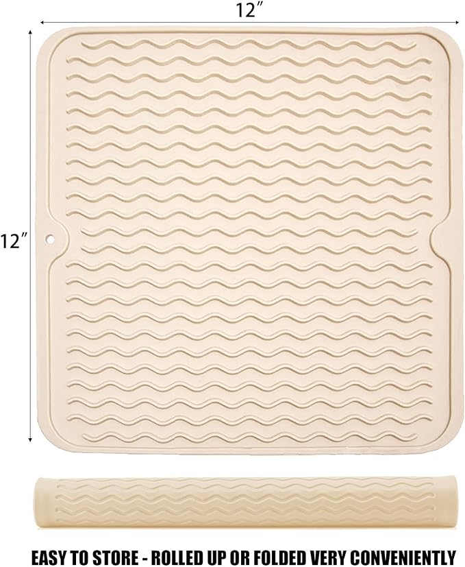 Silicone Dish Drying Mat for Multiple Usage, Easy clean, Eco-friendly, Heat-resistant Dish Drainer Mat for Kitchen Counter,Sink,Refrigerator or Drawer liner (12" x 12", BEIGE)