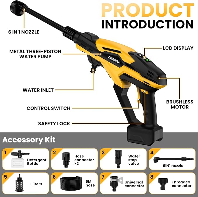 Cordless Portable Washer for Dewalt 20V Battery, 800 PSI Portable Handheld Washer with Brushless Motor, 6-in-1 Nozzle, 3 Level Adjustable for Car Yard Fence Wall Clean (Battery Not Included)