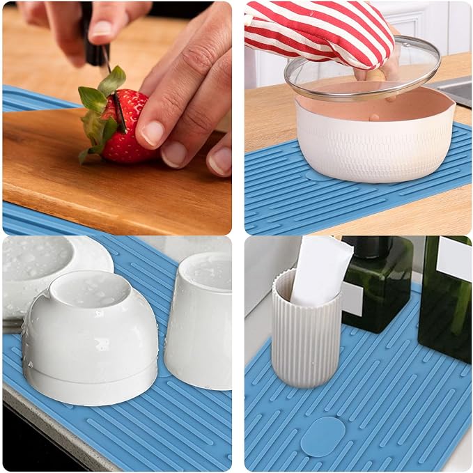 Blue Silicone Dish Drying, Mat Dish Mats for Multiple Usage, Kitchen Heat Resistant Mat, Can Be Rolled Up, Easy to Clean,Eco-friendly for Sink Bar Bottle