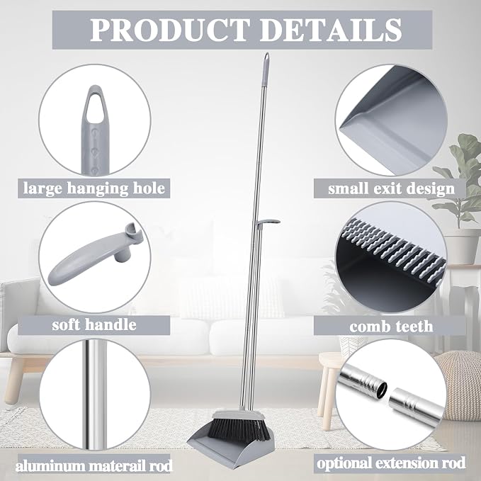 Tioncy 8 Set 16 Pcs Broom and Dustpan Set 53 Inch Broom with Dustpan Combo with Long Handle Upright Stand up for Office Home Kitchen Lobby Floor Cleaning
