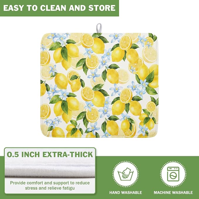 Kawani Lemon Dish Drying Mat 16x18 Inch Absorbent Reversible Summer Drying Mat Floral Lemon Fruits Dish Drying Rack Mat Yellow Summer Themed Dish Drainer Mat for Kitchen Counter Coffee Bar
