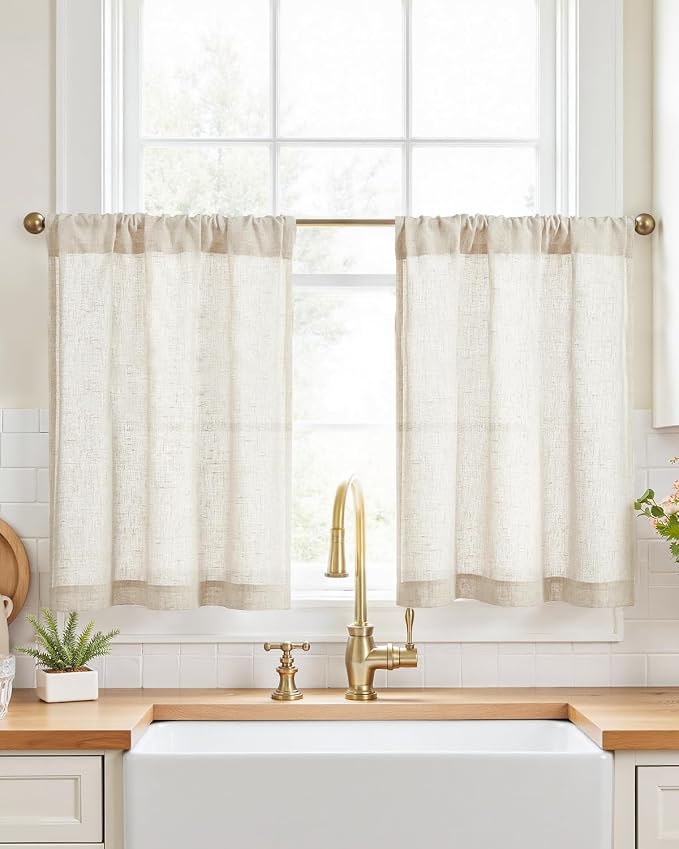 jinchan Rustic Linen Rod Pocket Tier Curtains, 26x30, 2 Panels, Natural | Light filtering, cafe curtains, machine washable, farmhouse, kitchen, bathrooms, laundry, small window, over sink