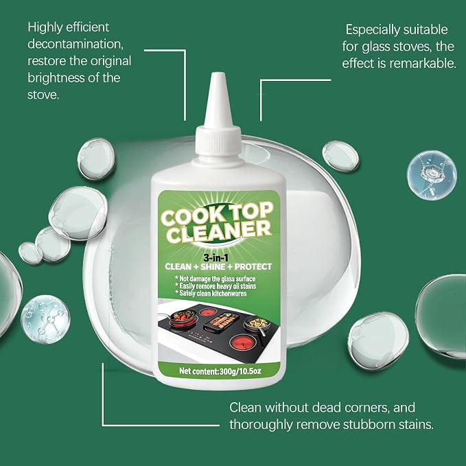 Glass Cooktop 3-in-1 Cleaner Kit, Removes Grease & Burnt-On Food, Safe for Gas, Induction, Electric Cooktops & Air Fryers, Stove Top Polish and Shine, Multi-purpose Cleanser (300g) (1)