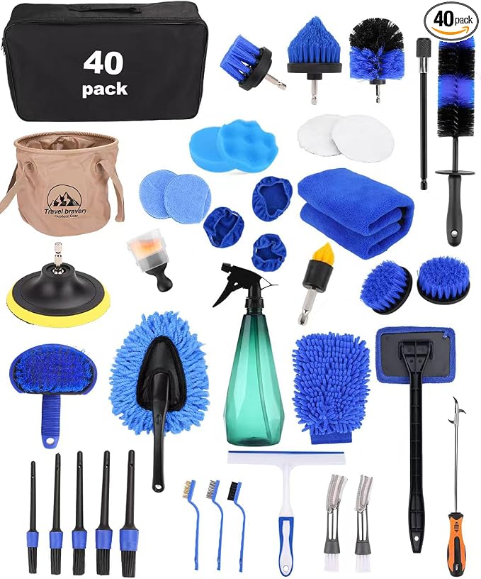 Car Detailing Kit 40PCS, Car Cleaning Kit with Detailing Brush Set, Car Wash Kit Interior Exterior Wheels Tire Tools, Auto Detailing Supplies with Bucket Towels Drill Brushes Storage Bag