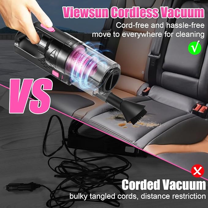 Car Vacuum Cordless Rechargeable, 8000PA High Power Handheld Vacuum Cleaner with 17PCS Car Cleaning Kit, Pink Auto Accessories for Women Gift