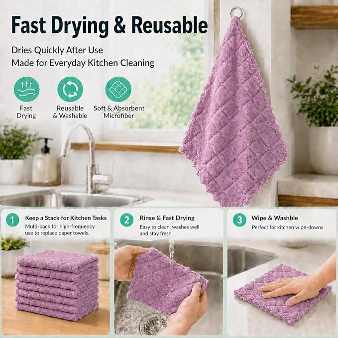 kimteny 12 Pack Dish Cloths for Washing Dishes, Super Absorbent Microfiber Kitchen Dish Rags, Fast Drying Coral Velvet Dish Cloths for Kitchen Counter and Dishes (Purple-Grey)