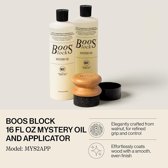 John Boos 3-Piece Care Set, 2-Pack 16 oz Mystery Oil & Round Beechwood Applicator - All-Natural Maintenance Formula for Butcher Blocks, Wooden Countertops & Wood Utensils