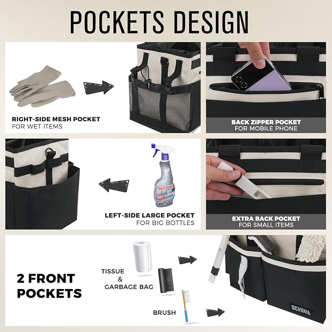SCAVATA Compact Wearable Cleaning Caddy with Handle & Shoulder Straps | Small Cleaning Supplies Organizer, Under Sink & Car Cleaning Tools Storage Bag for Housekeepers Cleaners, Cream White