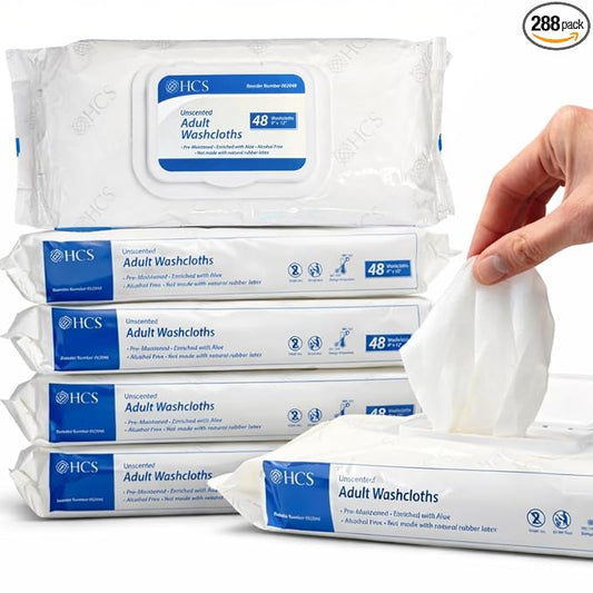 HCS Extra Large Adult Wipes - Elderly, Incontinence - (288) Body Wet Wipes for Adults, Bathing, No Rinse - Cleansing Bath Wipe, Shower - Disposable Washcloths, Aloe, Unscented - 9"x12", 6 Packs of 48