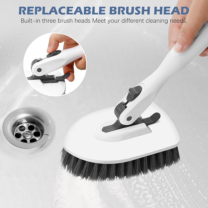 SetSail 4-in-1 Tile Tub Floor Scrubber with Floor Scrub Brush, White Grey | with 3 Detachable Replacement Brush Head, Multi-Angle Cleaning Locks at 45°, 90°, 180° for Bathroom Kitchen Walls Tub Tile