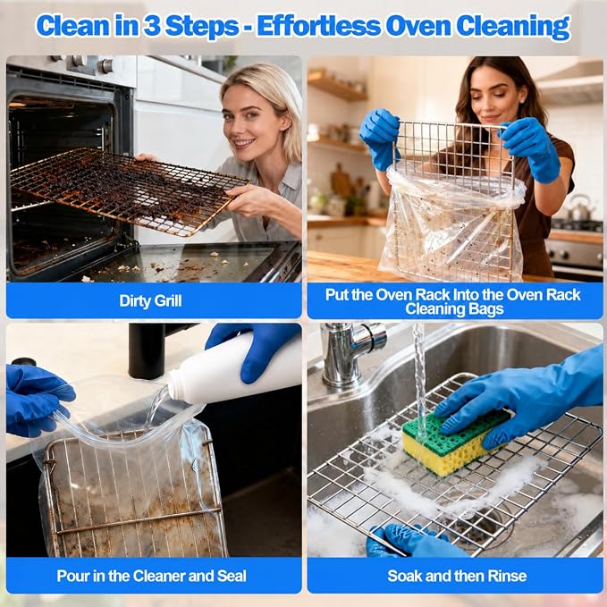 Palksky Oven Rack Cleaning Bags, 3 Sizes Heavy Duty No Scrub Bags for Use with Oven Cleaner, Reusable Leak-Resistant PE Bags for Deep Soaking Grill Grates & BBQ Racks, No Cleaner Included, 16 Packs