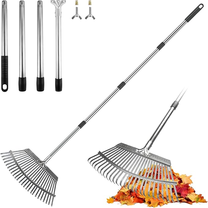 18-Inch Wide Heavy Duty Adjustable Yard Leaf Rake with 62-Inch Long Handle | Large Metal Leaf Rake, Rastrillo para Jardin for Lawn Yard Grass, Flower Beds, Outdoor Use
