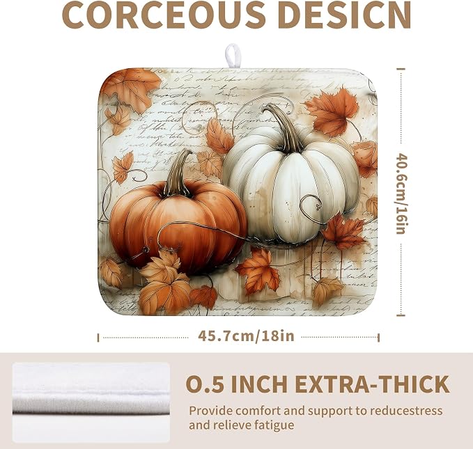Fall Dish Drying Mat for Kitchen Counter Autumn Thanksgiving Orange White Pumpkin Drying Mats 16x18 Inch Vintage Maple Leaf Holiday Draining Pad Microfiber Absorbent Dish Drainer Rack Mat