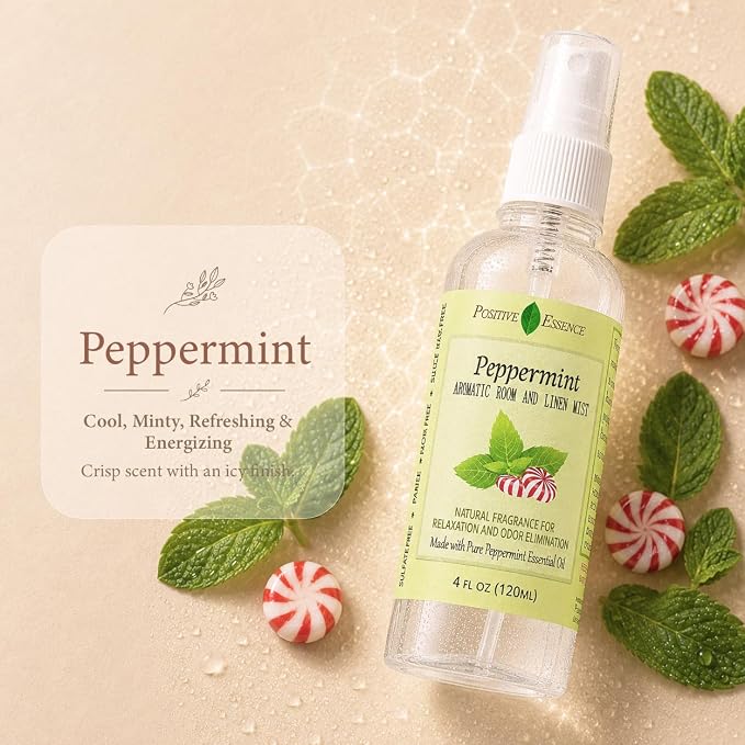 Peppermint Linen and Room Spray, Natural Pillow Mist, Made with Pure Peppermint Essential Oil, Home Fragrance for Relaxation, Bathroom Air Freshener Odor Eliminator