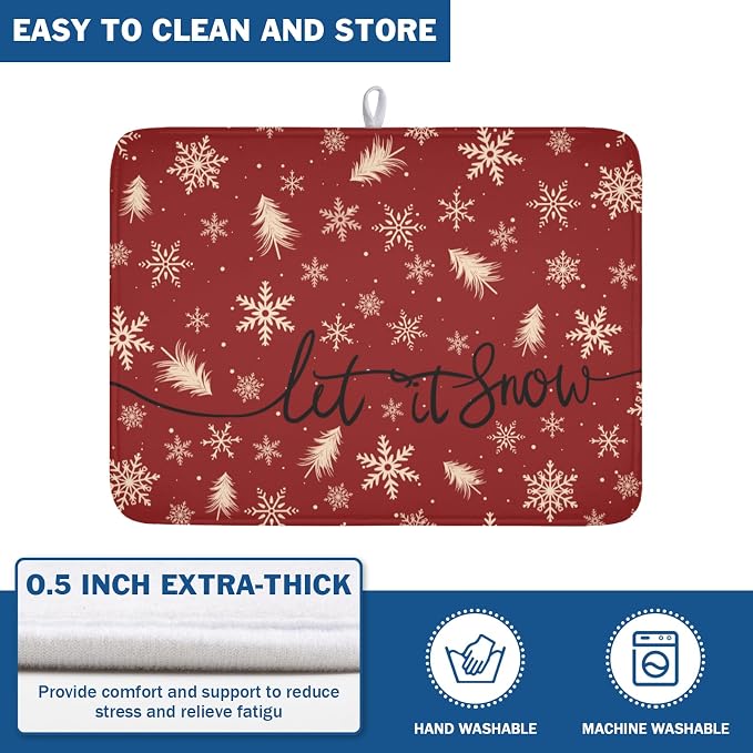 Christmas Snowflake Dish Drying Mat for Kitchen Counter 18x24 Inch | Red Xmas Theme Snowflakes Trees Snowy Dish Drainer Mat Rustic Winter Holiday Absorbent Washable Drying Pad