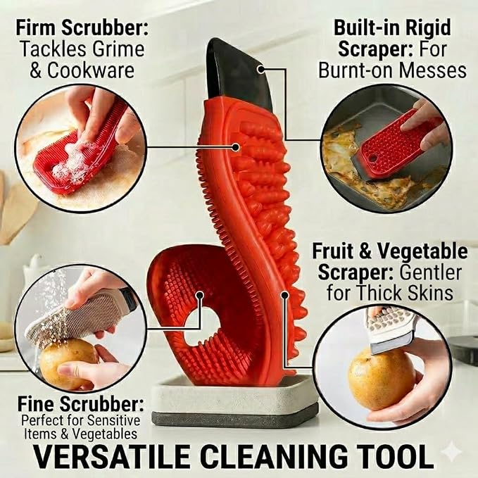 3-in-1 Silicone Dish Sponge - BPA-Free Food-Grade Cleaning Brush with Dual-Sided Scrubber & Scraper, Hanging Hole Fast-Dry Reusable for Dishes/Fruits/Vegetables (Red 1PCS)