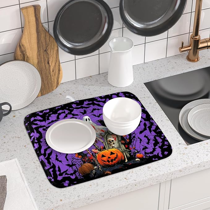 Giwawa Halloween Pumpkin Dish Drying Mat 16x18 inch Spooky Ghost Bat Dish Rack Mats Microfiber Draining Pad Fast Dry Holiday Kitchen Accessories
