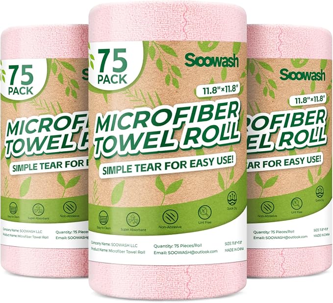 Microfiber Cleaning Cloths Roll, 225 Pack Tear Away Microfiber Towels Roll, 12" x 12" Lint Free Rags, Reusable Cleaning Cloths, Washable, Scratch Free,Ultra Absorbent Dish Rags(Pink)