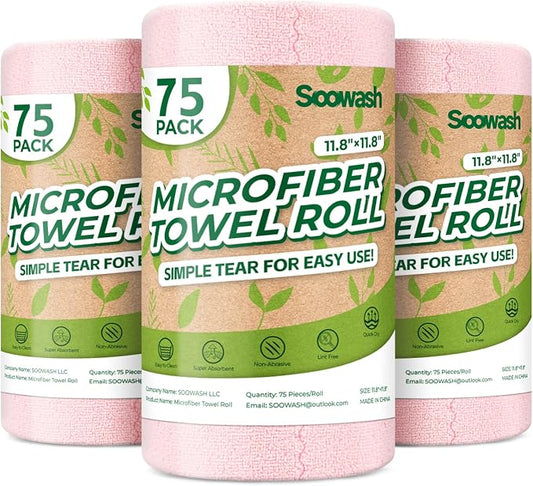 Microfiber Cleaning Cloths Roll, 225 Pack Tear Away Microfiber Towels Roll, 12" x 12" Lint Free Rags, Reusable Cleaning Cloths, Washable, Scratch Free,Ultra Absorbent Dish Rags(Pink)