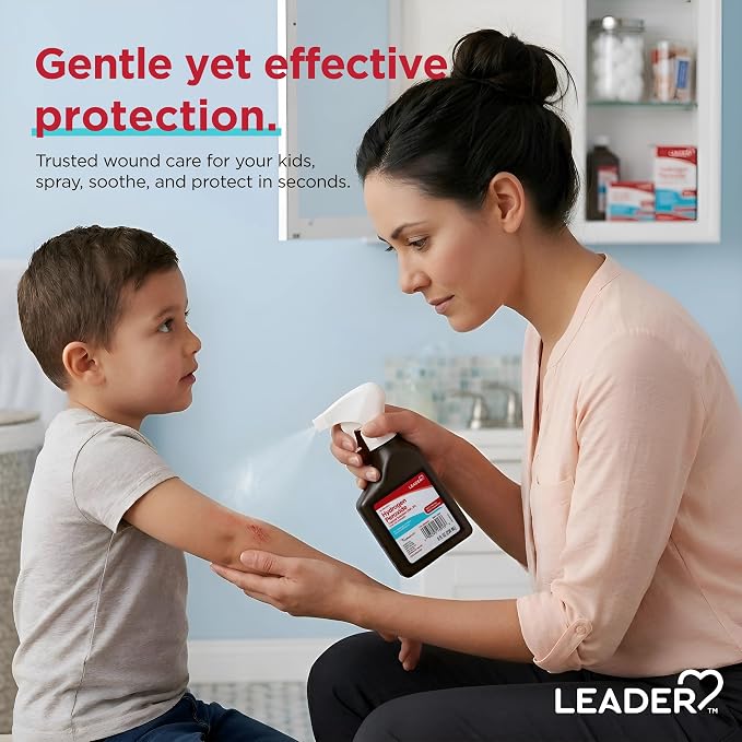 Leader Hydrogen Peroxide 3% Topical Solution, First Aid Antiseptic, Multi-Purpose Cleaner, Gentle & Effective Spray for Home, Cuts, and Scrapes, Easy-to-Use, 8 Fl Oz Spray Bottle (2 Pack)