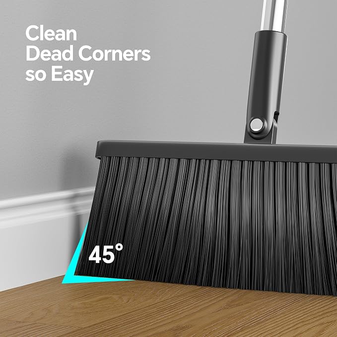 Spreezy Broom and Dustpan Set, 52" Upright Dust Pan with Cleaning Teeth | Long Handle Standing Dustpan No need to bend over Indoor Outdoor Home, Office, Black-Gray