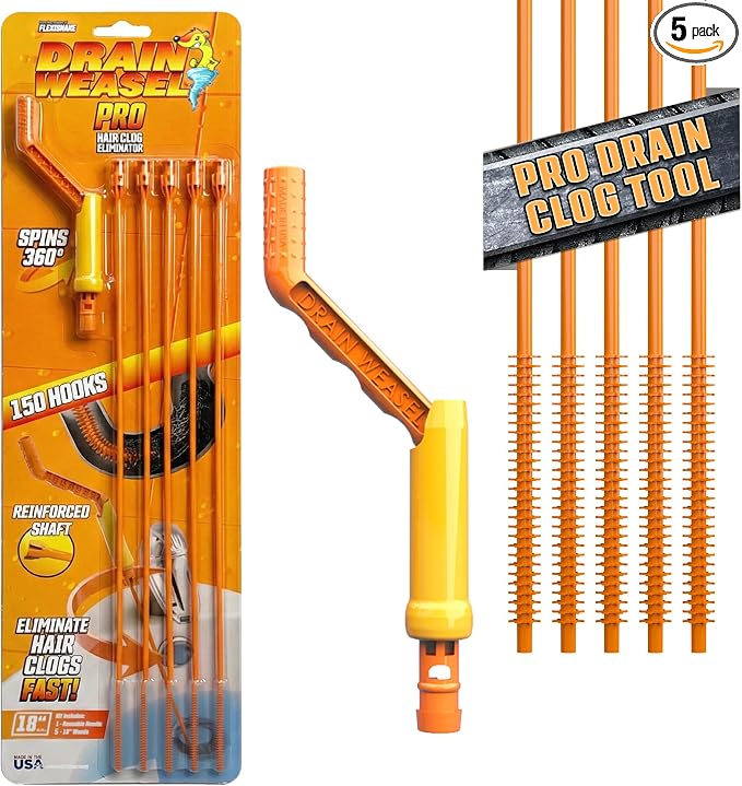 FlexiSnake Pro Drain Weasel Sink Snake Hair Clog Remover Tool, 5 Wands | Sink, Pipe, Bathroom, Bathtub Drain Cleaner, 18-inch Long, Flexible, Removable Handle, Made in The USA