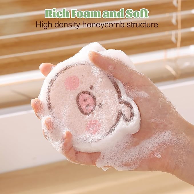 JOYMOOP Kitchen Sponge for Washing Dishes, 4 Pack Cartoon Cellulose Sponges for Cleaning, Reusable Non-Scratch Sponges for Household, Car Interior and Pet Supplies - Piggy Pattern
