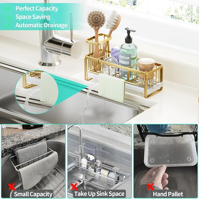 HapiRm Sponge Holder for Kitchen Sink - Self-draining Sink Caddy with Brush Holder and Dishcloth Holder, Stainless Steel Kitchen Organizer for Countertop - Gold