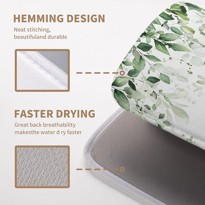 Sage Green Leaf Dish Drying Mat for Kitchen Counter Spring Eucalyptus Leaves Drying Mats Summer Floral Microfiber Absorbent Dishes Pad Reversible Washable Dish Drainer Rack Mat Large 18x24 Inch