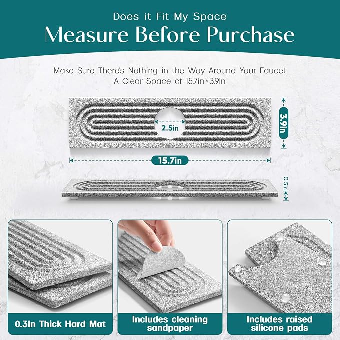 Stone Faucet Mat for Kitchen Sink, Food-Grade Diatomite Stone Drying Mat for Kitchen Counter, 2026 Upgraded Dishwasher-Safe & Ultra Absorbent, Stone Dish Matt for Bottles Utensils (15.7" x 3.9")