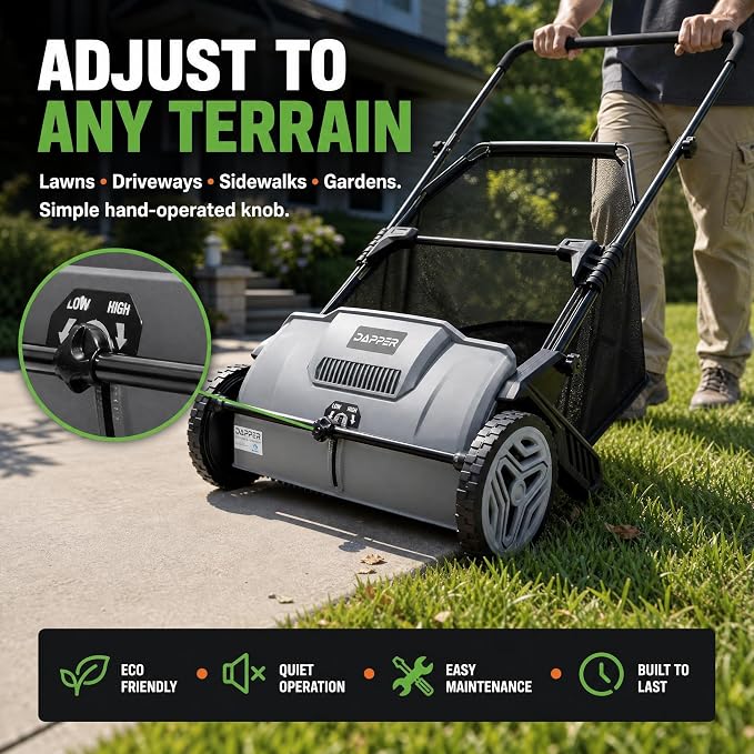 Dapper Supply 21" Push Lawn Sweeper (Also 22" & 26"), Leaf & Grass Collector, 3.5 Cu Ft Non-Woven Bag, Tool-Free Height Adjust, Folds for Wall Storage